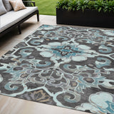 5' X 8' Teal Blue And Charcoal Damask Washable Indoor Outdoor Area Rug
