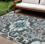 8' X 10' Teal Blue And Charcoal Damask Washable Indoor Outdoor Area Rug