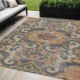 5' X 8' Terra Cotta And Charcoal Damask Washable Indoor Outdoor Area Rug
