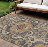 8' X 10' Terra Cotta And Charcoal Damask Washable Indoor Outdoor Area Rug