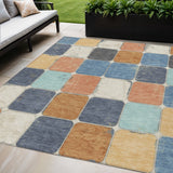5' X 8' Rust And Denim Blue Geometric Washable Indoor Outdoor Area Rug