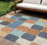8' X 10' Rust And Denim Blue Geometric Washable Indoor Outdoor Area Rug
