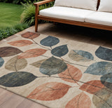 8' X 10' Beige Copper And Denim Blue Floral Washable Indoor Outdoor Area Rug