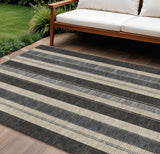8' X 10' Black And Ivory Striped Washable Indoor Outdoor Area Rug