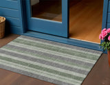 3' X 5' Green And Gray Striped Washable Indoor Outdoor Area Rug