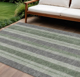 8' X 10' Green And Gray Striped Washable Indoor Outdoor Area Rug