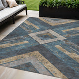 5' X 8' Navy Blue And Beige Geometric Washable Indoor Outdoor Area Rug