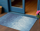 3' X 5' Denim Blue And Ivory Damask Washable Indoor Outdoor Area Rug