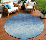 8' Denim Blue And Ivory Round Damask Washable Indoor Outdoor Area Rug