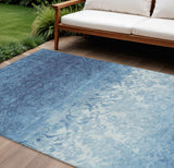 8' X 10' Denim Blue And Ivory Damask Washable Indoor Outdoor Area Rug