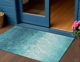 3' X 5' Teal Blue And Ivory Damask Washable Indoor Outdoor Area Rug