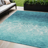 5' X 8' Teal Blue And Ivory Damask Washable Indoor Outdoor Area Rug