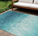 8' X 10' Teal Blue And Ivory Damask Washable Indoor Outdoor Area Rug
