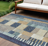 8' X 10' Navy Blue Beige And Ivory Geometric Washable Indoor Outdoor Area Rug