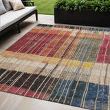 5' X 8' Beige Red And Yellow Striped Washable Indoor Outdoor Area Rug