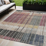 5' X 8' Mauve Blue And Gold Striped Washable Indoor Outdoor Area Rug