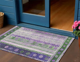 3' X 5' Green And Purple Striped Washable Indoor Outdoor Area Rug