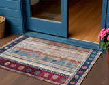 3' X 5' Navy Blue And Merlot Striped Washable Indoor Outdoor Area Rug