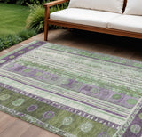 8' X 10' Purple And Green Striped Washable Indoor Outdoor Area Rug