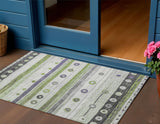 3' X 5' Artichoke Green Purple And Ivory Striped Washable Indoor Outdoor Area Rug