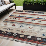 5' X 8' Beige Rust And Navy Blue Striped Washable Indoor Outdoor Area Rug
