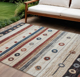 8' X 10' Beige Rust And Navy Blue Striped Washable Indoor Outdoor Area Rug