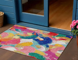 3' X 5' Blush Gold And Teal Blue Abstract Washable Indoor Outdoor Area Rug