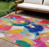 8' X 10' Blush Gold And Teal Blue Abstract Washable Indoor Outdoor Area Rug