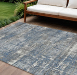 8' X 10' Denim Blue And Gray Geometric Washable Indoor Outdoor Area Rug