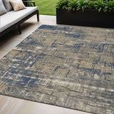 5' X 8' Navy Blue And Beige Geometric Washable Indoor Outdoor Area Rug