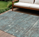 8' X 10' Taupe And Teal Blue Geometric Washable Indoor Outdoor Area Rug