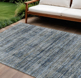 8' X 10' Denim Blue And Ivory Striped Washable Indoor Outdoor Area Rug