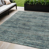 5' X 8' Teal Blue And Ivory Striped Washable Indoor Outdoor Area Rug
