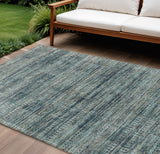 8' X 10' Teal Blue And Ivory Striped Washable Indoor Outdoor Area Rug