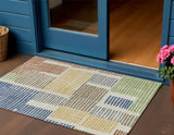 3' X 5' Beige Gold And Blue Geometric Washable Indoor Outdoor Area Rug
