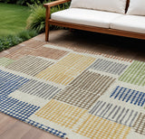 8' X 10' Beige Gold And Blue Geometric Washable Indoor Outdoor Area Rug