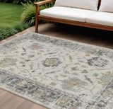 8' X 10' Ivory And Gray Floral Washable Indoor Outdoor Area Rug