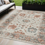 5' X 8' Linen And Ivory Floral Washable Indoor Outdoor Area Rug