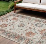 8' X 10' Linen And Ivory Floral Washable Indoor Outdoor Area Rug