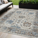 5' X 8' Beige And Blue Floral Washable Indoor Outdoor Area Rug