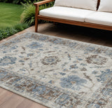 8' X 10' Beige And Blue Floral Washable Indoor Outdoor Area Rug