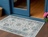 3' X 5' Teal Blue And Gray Floral Washable Indoor Outdoor Area Rug