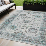 5' X 8' Teal Blue And Gray Floral Washable Indoor Outdoor Area Rug