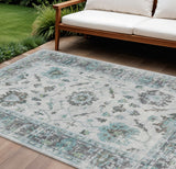 8' X 10' Teal Blue And Gray Floral Washable Indoor Outdoor Area Rug