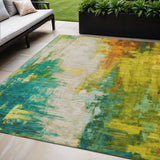5' X 8' Green And Gold Abstract Washable Indoor Outdoor Area Rug