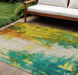 8' X 10' Green And Gold Abstract Washable Indoor Outdoor Area Rug