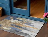 3' X 5' Navy Blue And Gold Abstract Washable Indoor Outdoor Area Rug