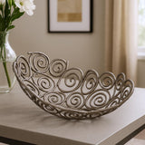 16" Silver Aluminum Abstract Circles Oval Decorative Bowl