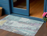 3' X 5' Teal Blue And Ivory Abstract Washable Indoor Outdoor Area Rug