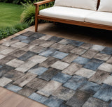 8' X 10' Taupe And Denim Blue Striped Washable Indoor Outdoor Area Rug
